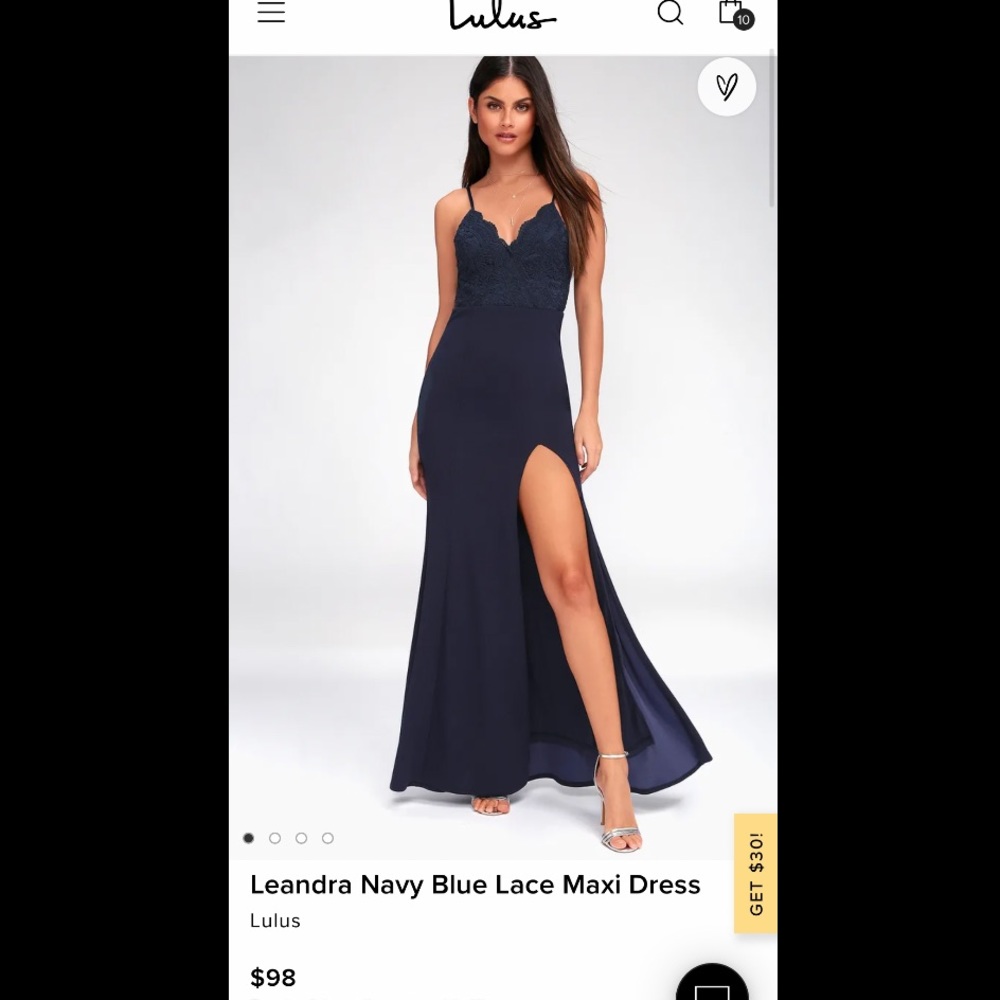 Lulu’s navy maxi dress with slit and lace top.